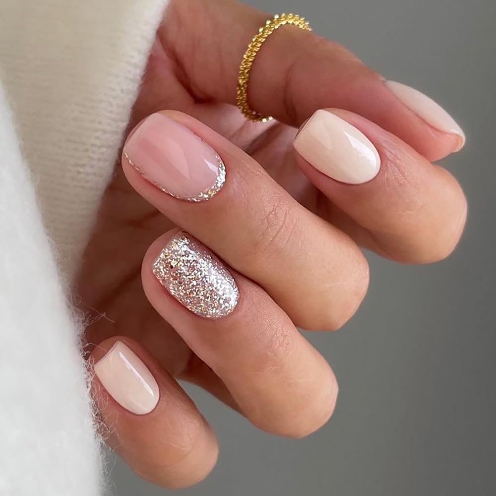 Cubahop 24pcs Square Fake Nails Nude False Nails Short GLITTER Press on Nails for Women and Girls