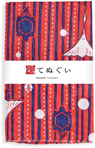 KOMESICHI Irodori Tenugui Japanese Gauze Hand Towel Crane and Turtle Red