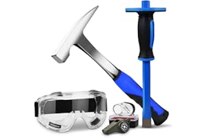 A PEERLESS SHOVEL 5 PCS Geology Rock Pick Equipment Kit,21oz Hammer & 11.8" Rock Digging Chisel with Protective Caps,Safety Glasses, Whistle, Jewelers Loupe,Gold mining and exploration equipment