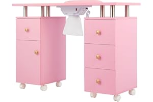 LUXMARS Nail Desk for Technician Manicure Table, Nail Table w/Electric Dust Collector & Wrist Rest Cushion, Acetone Resistant Nail Table Station w/Lockable Wheels & Drawers & Cabinet - Pink