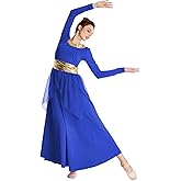 HIHCBF Women Long Sleeve Praise Dance Dress Liturgical Metallic Waistband Wide Swing Chiffon Skirt Worship Lyrical Costume