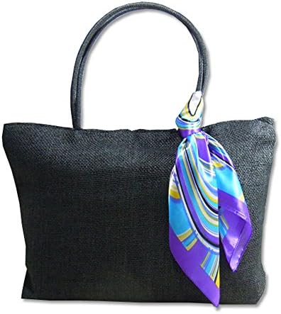 EAST 2 WEST Women's Raffia Shoulder Zipper Tote Bag with Extra Scarf (Bkack)