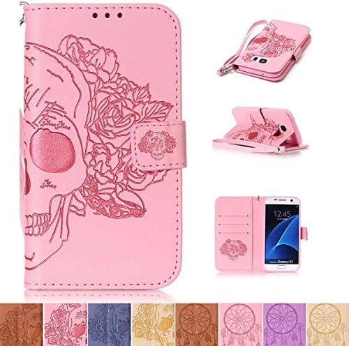 Galaxy S7 Case, Firefish [Kickstand] PU Leather Flip Folio Emboss Style Wallet Case Bumper Cover with Strap Magnetic Buckle for Samsung Galaxy S7 - Skull-F