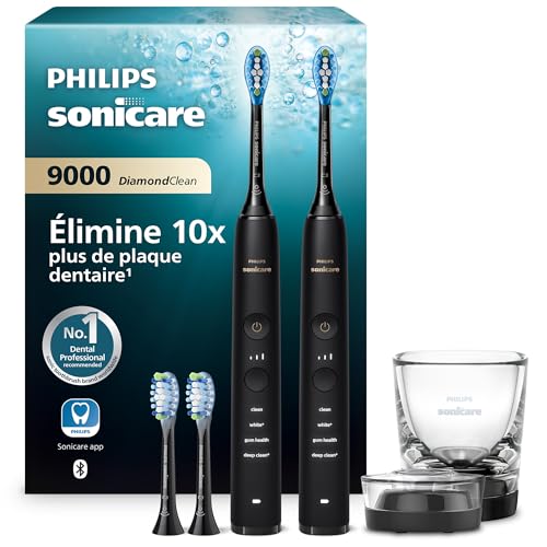 Philips Sonicare DiamondClean 9000 - Brosse à dents électrique avec application, capteur de pression, verre de recharge, blanc, lot de deux, modèle HX9914/63
