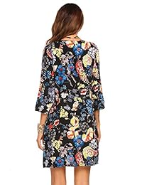 ACEVOG Vestido de mujer cuarto   manga larga de Bohemia botón cuello en V vestido floral impresión vestido de playa