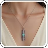 Aneneiceera Boho Long Turquoise Leaf Necklace Silver Feather Pendant Necklace Metal Deck Feather Necklaces Minimalist Sweater Necklaces Chain Jewelry for Women