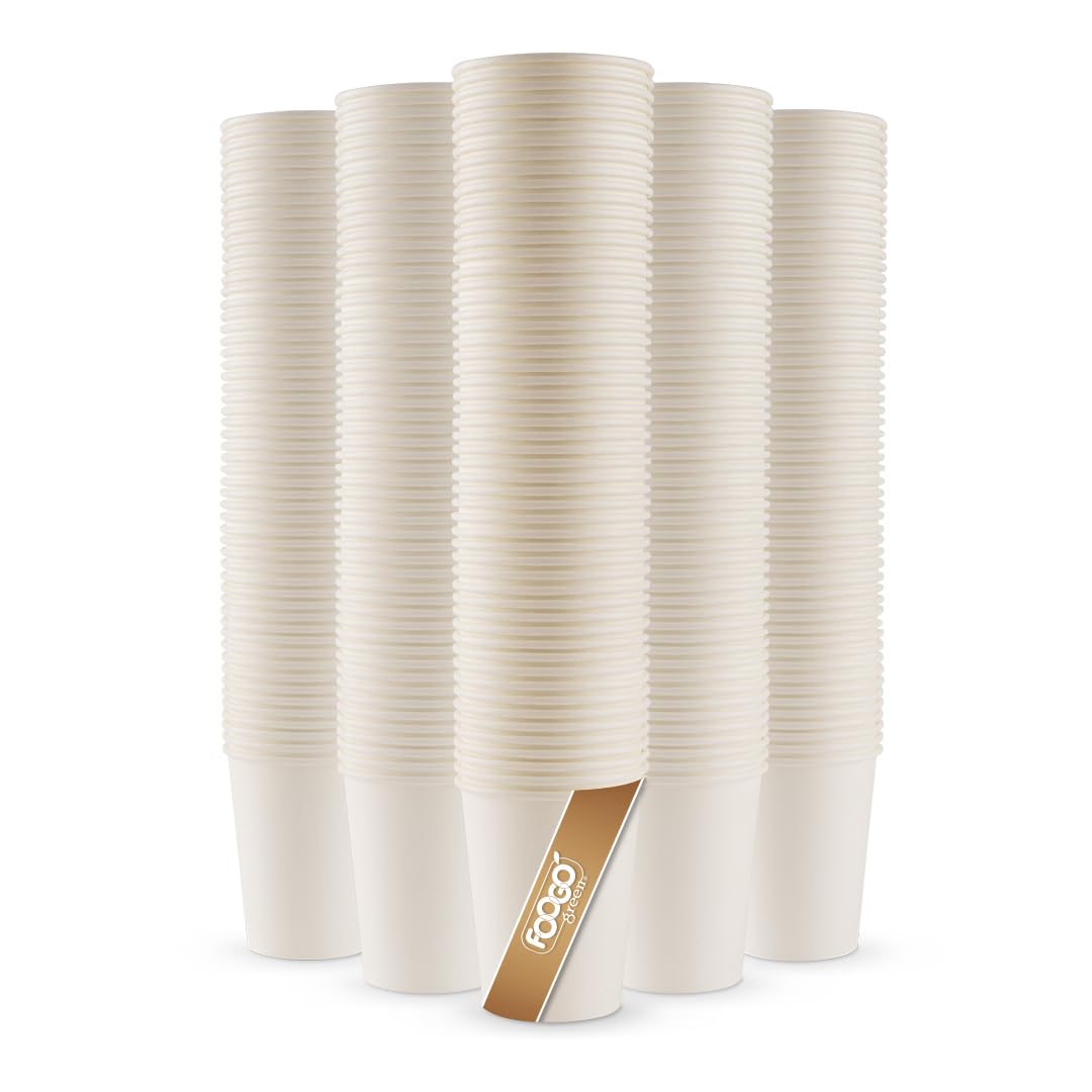 FOOGO Green 100pcs 8oz Disposable Strong Single-Wall White Paper Coffee Cups, FSC® Certified, Fully Compostable, Takeaway, Paper Cups for Hot Drinks, Parties, Eco-Friendly