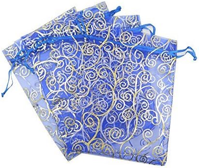 50 Organza Gift Bags (Blue with Golden Details, 4.5"x6")
