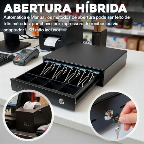 Caixa de Dinheiro Gaveta Registradora Preta Noteiro Moedeiro Abertura Automática e Manual com Chave Reforçada