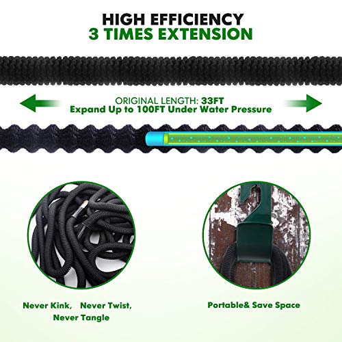 HooSeen Upgraded Expandable Garden Hose, 3/4"100FT Solid Brass Rust Free Connectors, Double Latex Core, Extra Strength 3750D Fabric, Flexible Water Hose, 8 Function Spray Nozzle, Storage Sack, Hanger