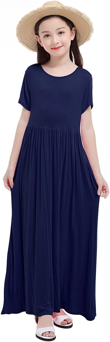 RBwinner Girls Short Sleeve Round Neck Pocket Casual Long Maxi Dress Size 4-13 Years Old (S, Navy)