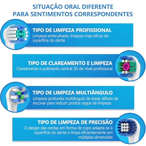 Kit de 16 Refil Compatível com Escova de Dentes Elétrica Oral B, 4 Tipos de Cabeças de Escova de Dentes Elétrica para Limpeza Profunda e Clareamento dos Dentes, Cerdas Meio Macias