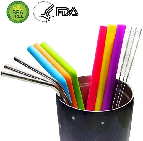 AMZSOCKETS 10.5 Inch 6 Pack Silicone Straws and 3 Pack Stainless Steel Straws, No-BPA Reusable Drinking Straws for 30 OZ Tumbler Yeti/Rtic Complete Bundle,Include 3 Cleaning Brush.