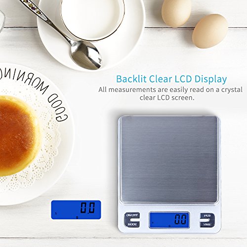 Dapai Mini Digital Kitchen Scale, Multifunction Food Scale, 0.1g-3kg, Tare & PCS Functions, Back-Lit LCD Display, Stainless Steel, Batteries Included (Silver)