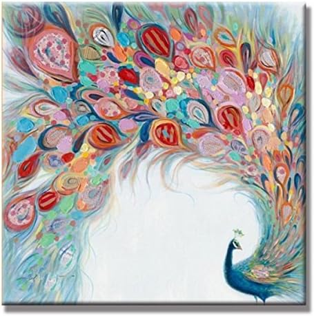 UAC WALL ARTS Peacock Oil Painting Colorful Canvas Art 24x24Inch 100% Hand painted Canvas Blue and Red for Home Wall Art Decoration ,Framed, Ready to Hang