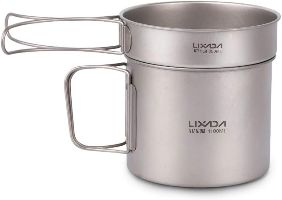 LixadaCamping Cookware Set Ultralight Titanium 900ml /1100ml Pot +350ml Fry Pan with Folding Handles for Outdoor Travel Camping Hiking