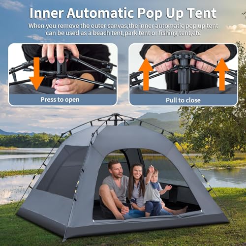 Camping Tent, 3 Man Pop Up Tent Extra Large Waterproof Automatic Dome Tent with 2 Rainproof Windows, 2 Layers Family Festival Tent with Removable Outer Layer, Tent for Camping Picnic