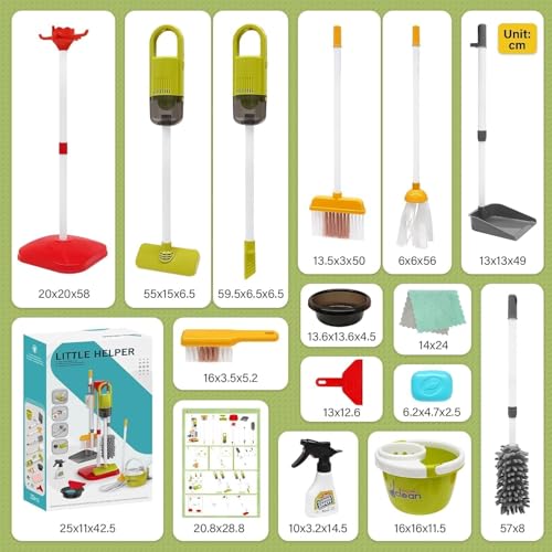 Kids Cleaning Toy Set, 14Pcs Pretend Play Home Cleaning Playset - Incl. 2-in-1 Electric Toy Vacuum, Broom and Dustpan Set, Mop,Duster and More, Sweep Play Toys for Boys Girls (Red)