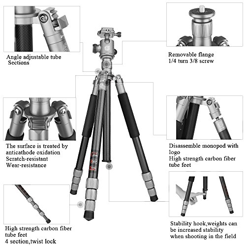QZSD Q868C Portable Lightweight Carbon Fiber Tripod Monopod Kit 62 inch With 360 Degree Damping Ball Head For Canon Sony Video Camcorder (Sliver)