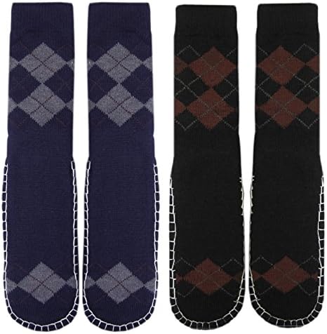 Adults 2-Pack Jacquard Knitted Slipper Sock, Argyle NvyGrey/BlackCoffee, Bottom Size: 27-28cm