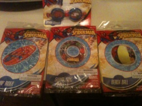 Marvel Superhero Spiderman Pool Set ; Spiderman Surf rider Float, Spidey Spalsh Goggles, Spiderman vs. Green Goblin Swim Ring and Spiderman vs. Green Goblin Beach Ball by What Kids Want