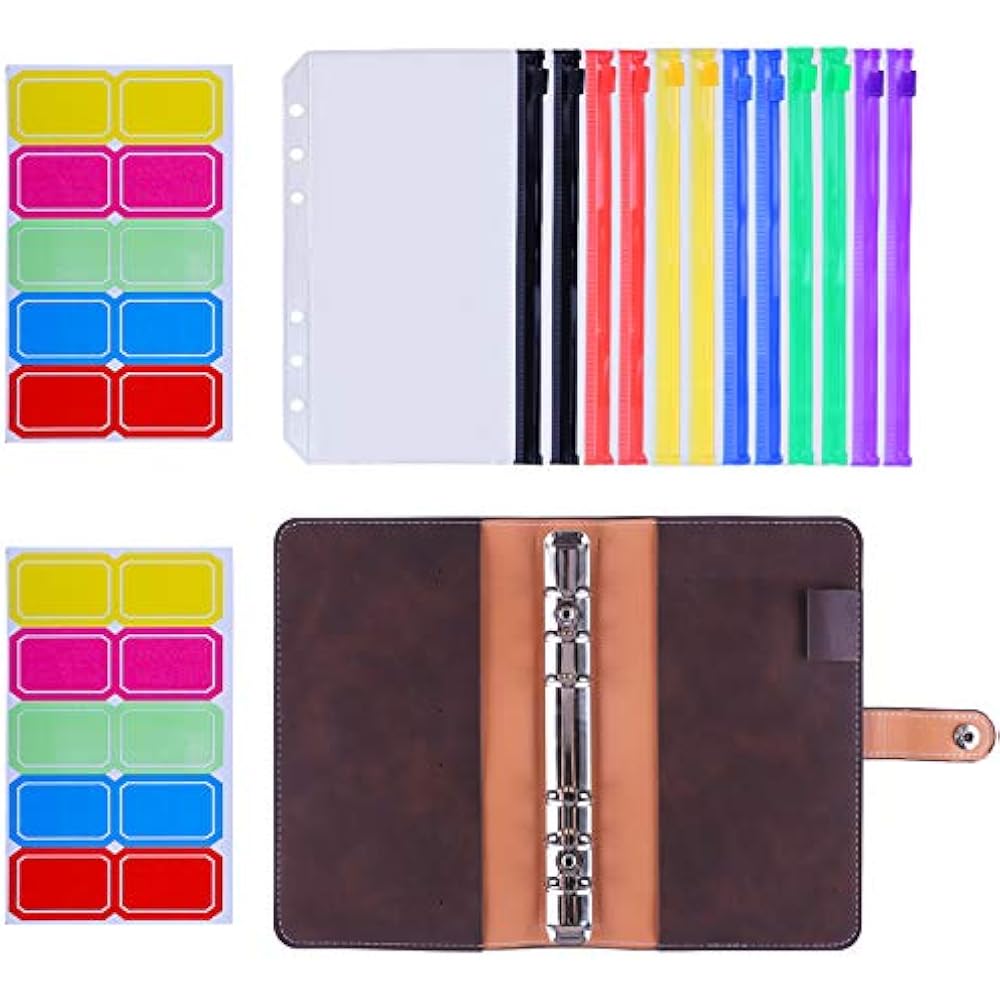 Antner 12pcs A6 Colored Zipper Binder Pockets With PU Leather Notebook