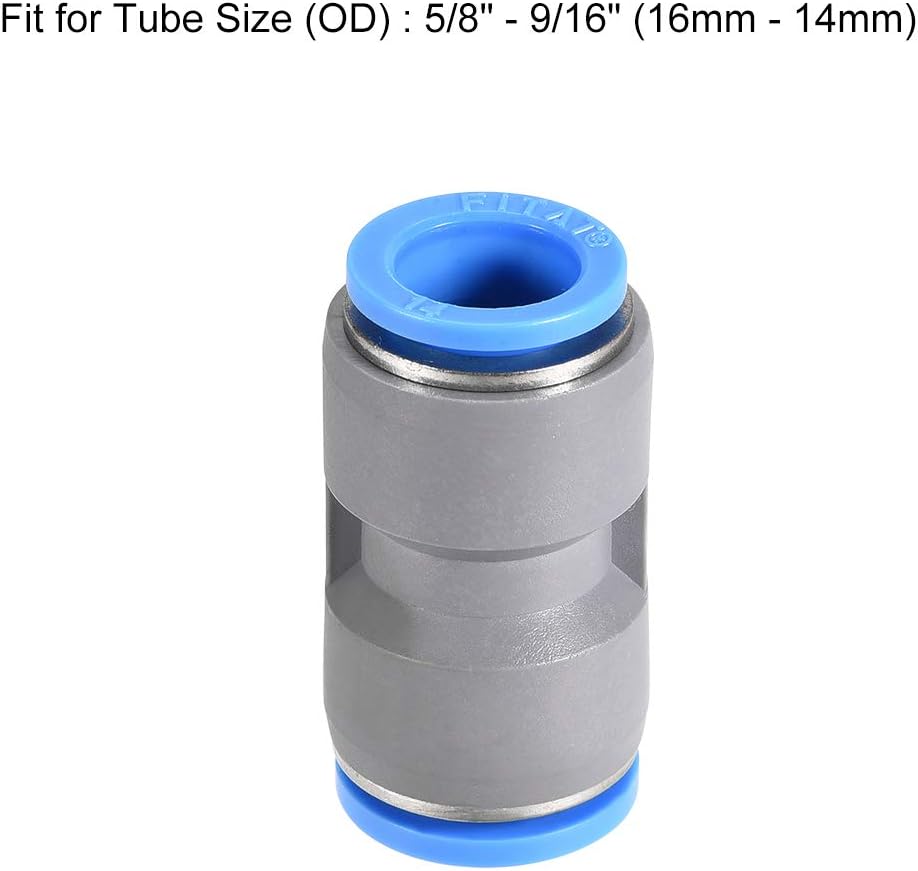 sourcing map Straight Push to Connector Reducer Fitting 16mm to 14mm Quick Release Pneumatic Connector Plastic Union Pipe Tube Fitting Grey - Image 4