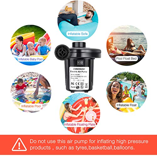 Electric Air Pump for Inflatables,【2018 UPGRADED】OBOSOE 12V Air Mattress Pump with 3 Nozzles, 110V AC/12V DC, Dual-use Inflator/Deflator Pool Air Pump for Outdoor Camping/Inflatable Bed/Swim Rings