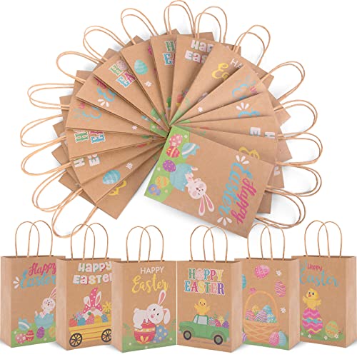 Koogel 18PCS Easter Kraft Gift Bags, Kraft Treat Bags with Handles Candy Bags for Kids Party Favors Goodie Bag Fillers Easter Supplies