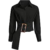 OYOANGLE Women's Button Down Pleated Shirts Stand Collar Long Sleeve Cropped Tops Dressy Casual Blouses