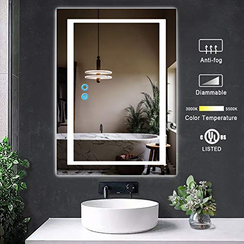 PexFix 20 x 28 inch Bathroom Vanity Mirror, LED Backlit+Wall Mounted+Antifog & Dimmable Touch Switch+3 Color Modes+Polished Edge &Frameless+5500K Cool White+3000K Warm+ CRI>90+Vertical&Horizontal