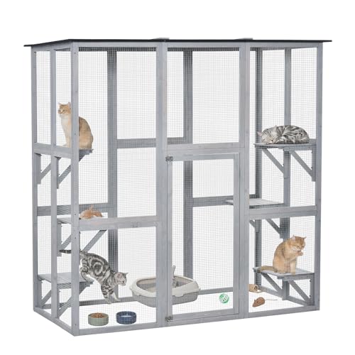 PawHut Outdoor Catio Cat Enclosure, Large Weatherproof Cat House with Asphalt Roof, 6 Jumping Platforms, Wooden Walk-in Kitty Cage for Multiple Kittens, 71" x 39" x 71", Grey