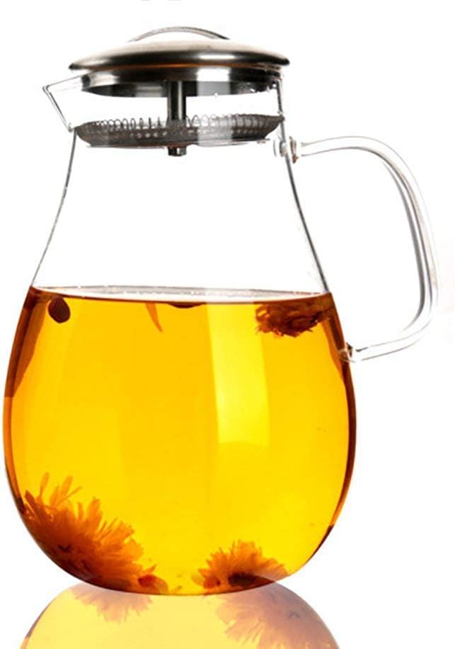 Large Tea Kettle, Stovetop Safe, 64 oz / 1900 ml Glass Pitcher with Removable Stainless Steel Infuser Lid and Spout, a Perfect Flower Teapot and Iced Tea Maker