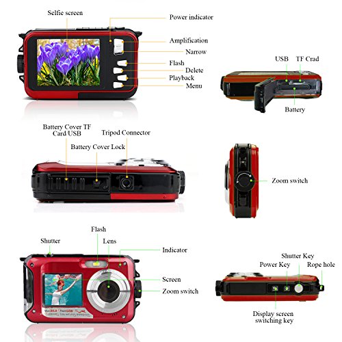 Waterproof Underwater Digital Camera,24MP 1080P Dual Screen Point and Shoot Digital Video Recorder Cameras--Red