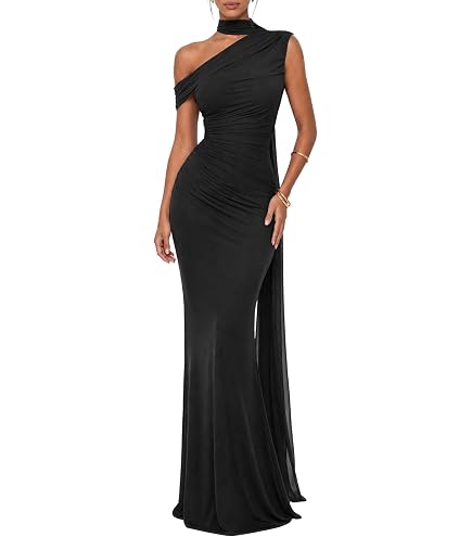 LAGSHIAN Women's Sleeveless Mesh High Neck Ruched Cocktail Maxi Dress Black