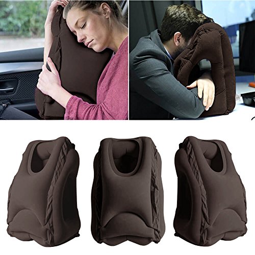 HOMCA Inflatable Travel Pillow - Portable Head Neck Rest Neck Pillow for Airplanes, Cars, Buses, Trains, Office Napping, Camping - Includes Free Eye Mask (Brown)