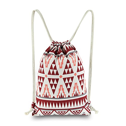 Miomao Drawstring Bag String Backpack Canvas Gym Sackpack with Pockets, Southwest Geometric Knapsack Outdoor Sport Team Travel Rucksack Shoulder Cinch Bags Yoga Daypack, 13 X 18 Inches, Burgundy