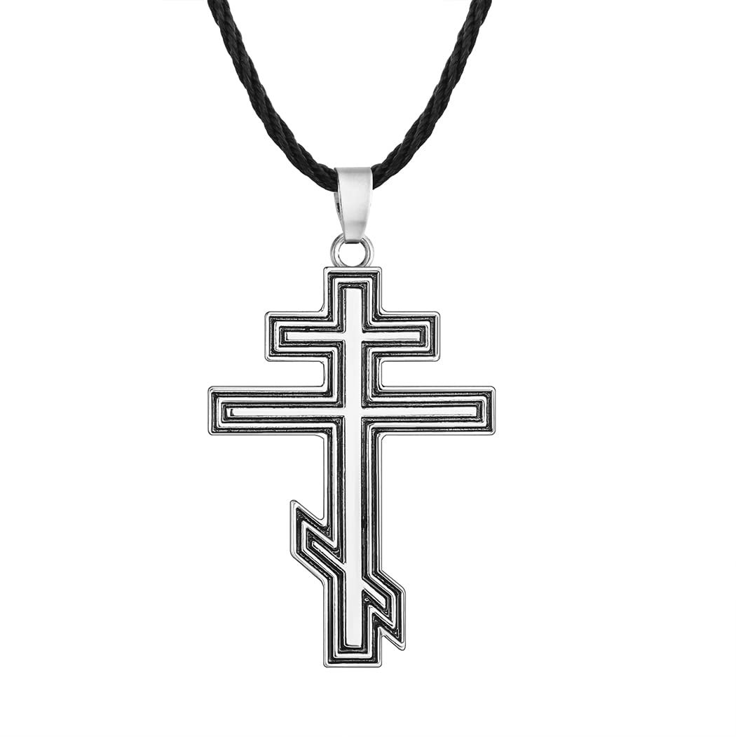 LUTAKU Vintage Russian Orthodox Cross Necklace for Men Byzantine Cross Pendant Christian Suppedaneum Cross Black Leather Chain Amulet Jewelry