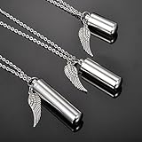 HooAMI Angel Wing Charm & Cylinder Memorial Urn Necklace Stainless Steel Cremation Jewelry