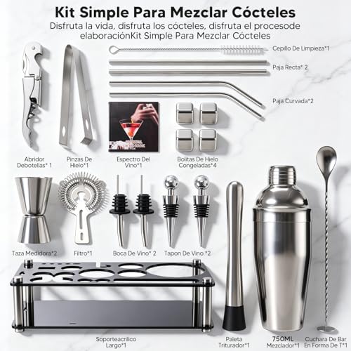Garselay 25 Pcs Cocktail Bartender Kit,Shaker Cocktail de Acero Inoxidable de 750ml,Coctelera Kit con Soporte de Acrílico y Folleto de Recetas de Cóctel,Herramientas Profesionales de Kit de Bartender