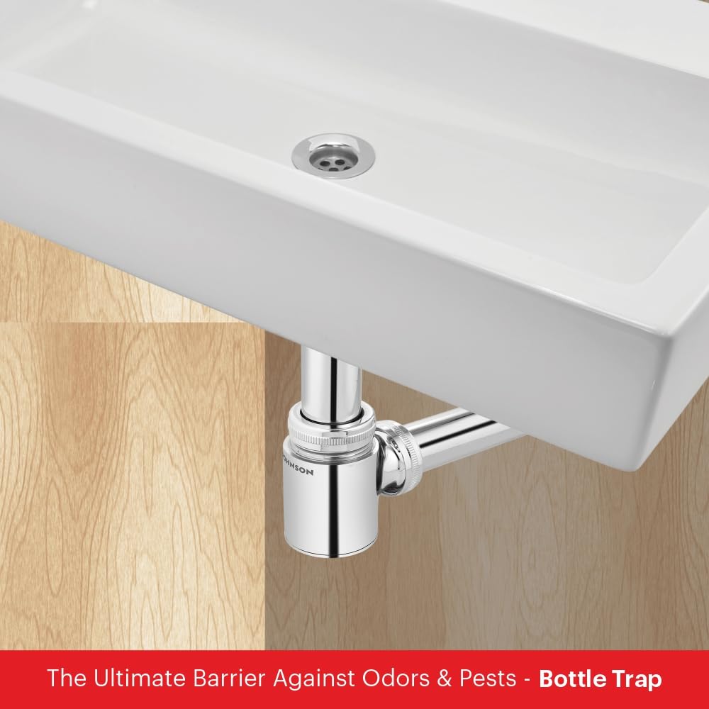 Johnson Dew Bottle Trap for Wash Basin with 190 mm Outlet Pipe | Brass Material | Chrome Plated Glossy Finish with Wall Flange | Anti Cockroach Trap | 2 Years Warranty (Pack of 1) 4