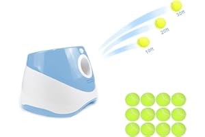 RERBIO Ball Thrower for Dogs, Dog Ball Launcher with 12 Tennis Balls, Interactive Dog Toys Pet Ball Indoor Outdoor Automatic Ball Launcher (Blue Automatic Tennis Ball)