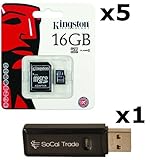 5 PACK - Kingston 16GB MicroSD HC Class 4 TF MicroSDHC TransFlash Memory Card SDC16/16GB 16G 16 GB GIGS (M.A16.RTx5.550) LOT OF 5 with USB SoCal Trade© SCT Dual Slot MicroSD & SD Memory Card Reader - Retail Packaging