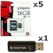 5 PACK - Kingston 16GB MicroSD HC Class 4 TF MicroSDHC TransFlash Memory Card SDC16/16GB 16G 16 GB GIGS (M.A16.RTx5.550) LOT OF 5 with USB SoCal Trade© SCT Dual Slot MicroSD & SD Memory Card Reader - Retail Packaging
