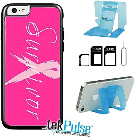 TekPulse (tm) Breast Cancer Survivor Ribbon Real Leather TPU Back Cell Phone Case &amp; Nano Sim Card Adapter &amp; Collapsible Cell Stand - [Bundle Pack 3 pcs] - Direct Print Technology Fits Apple Iphone 6
