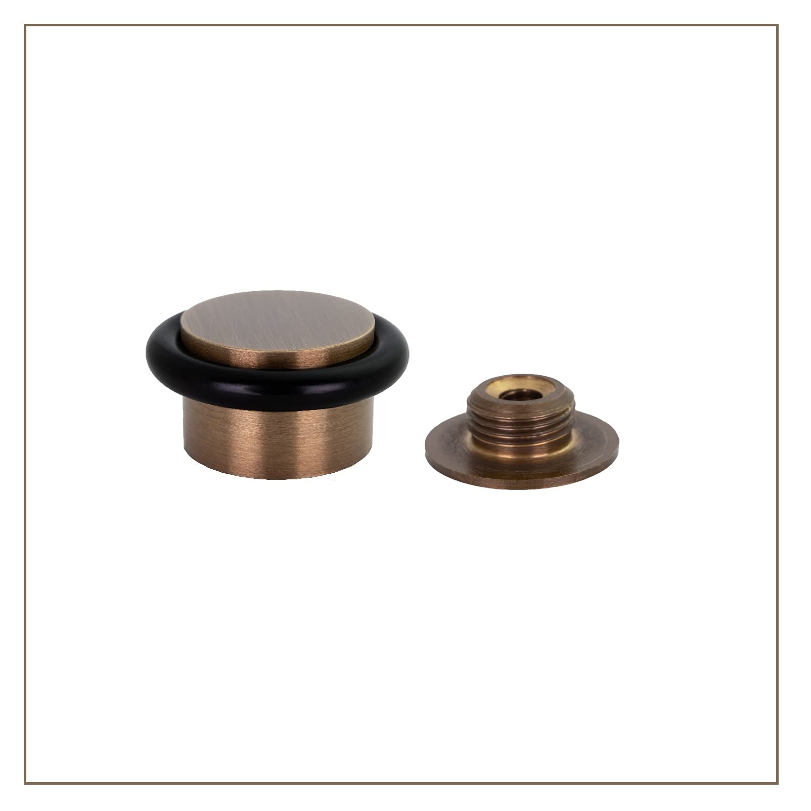 EVI Herrajes | Adhesive Door Stop with Threaded Base | Ø28x21mm | Solid Brass Leather Finish | Black Rubber | Includes Screw | I-103/28-DUAL-CU