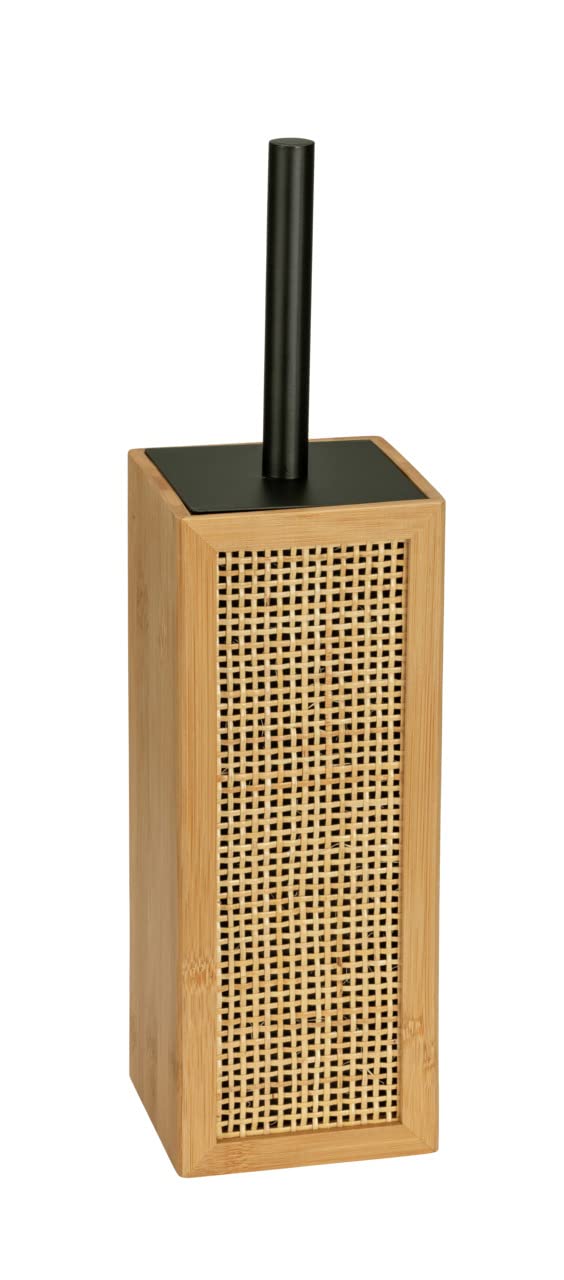 WENKO Allegre Decorative Toilet Brush Holder in Trendy Boho Style Made of Bamboo and Rattan Wicker Including Toilet Brush with Steel Handle 9.5 x 36.5 x 9.5 cm Natural/Black