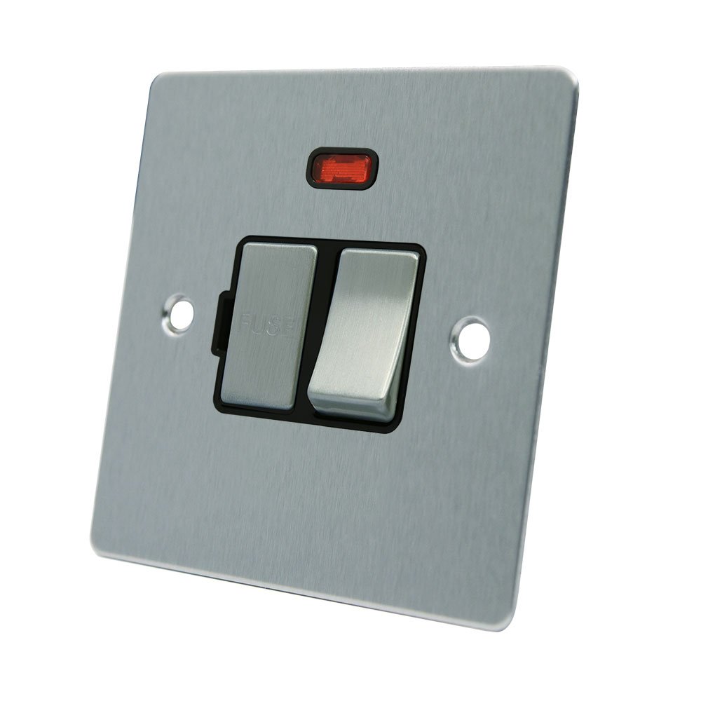AET FSCSFNBS 13 A Satin Chrome Flat Switched Fused Neon Indicator Spur Connection Unit W/Neon Black Insert Metal Rocker Switch