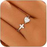 Cross Heart Ring for Women,14K Gold Plated Cross Heart Faith Ring for Mother Daughter 925 Sterling Silver Heart CZ Religious Eternity Rings Adjustable Pray Jesus Christian Rings Valentine's Day Easter Gifts