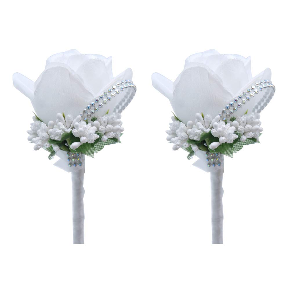 Shiwaki 2 x Artificial Flower Men's Handmade Silk Buttonhole Pink Men's Corsage for Wedding Proms Wedding Supplies Decoration (White)